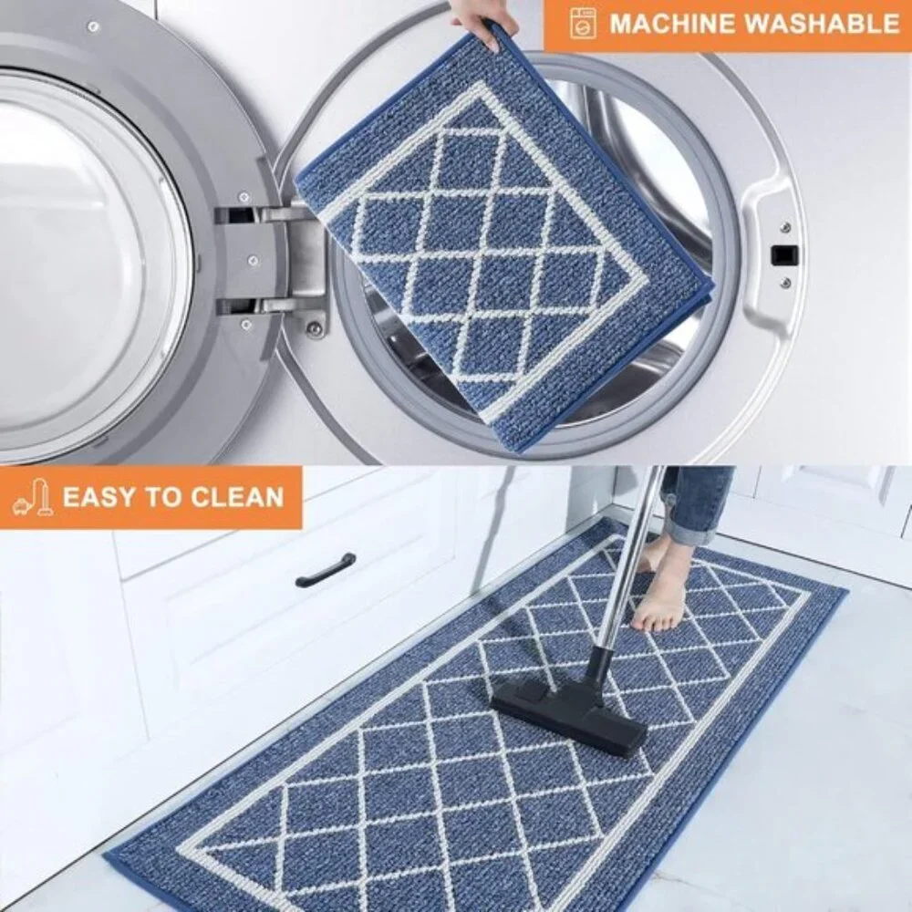 New Set of 2 Navy Blue Kitchen Rug, Washable, Non-Slip, Absorbent Floor Rugs